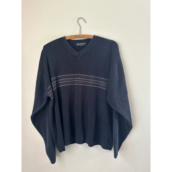 90s Brandini Le Collezioni Mens V-Neck Knit Sweater Black Striped Ribbed Grandpa - Picture 1 of 5
